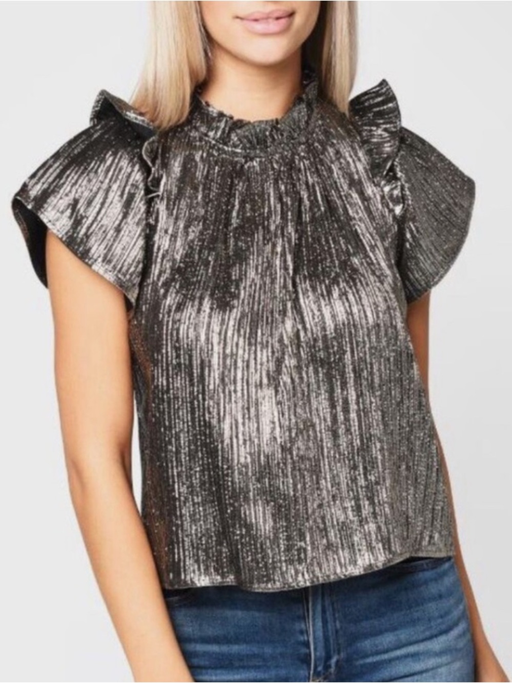 Tuckernuck Hunter Bell | Women’s Metallic Ruffle Collar Short Sleeve Blair Top L